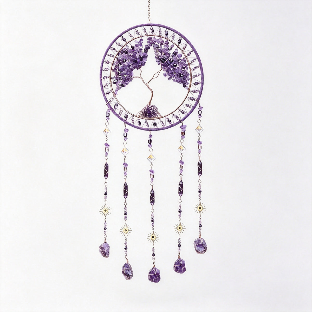 MGY Tree of Life Dreamcatcher Wind Chime, Natural Crystal Stone Boho Wall Hanging Decor