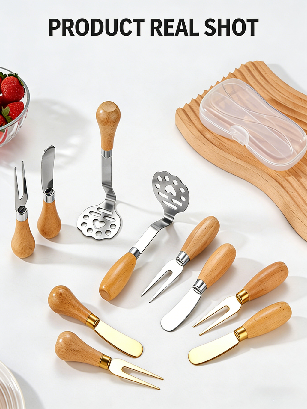 HGD 304 Stainless Steel Kitchen Tool with Beech Wood Handle | Mini Potato Masher & Fruit Fork Butter Knife Set