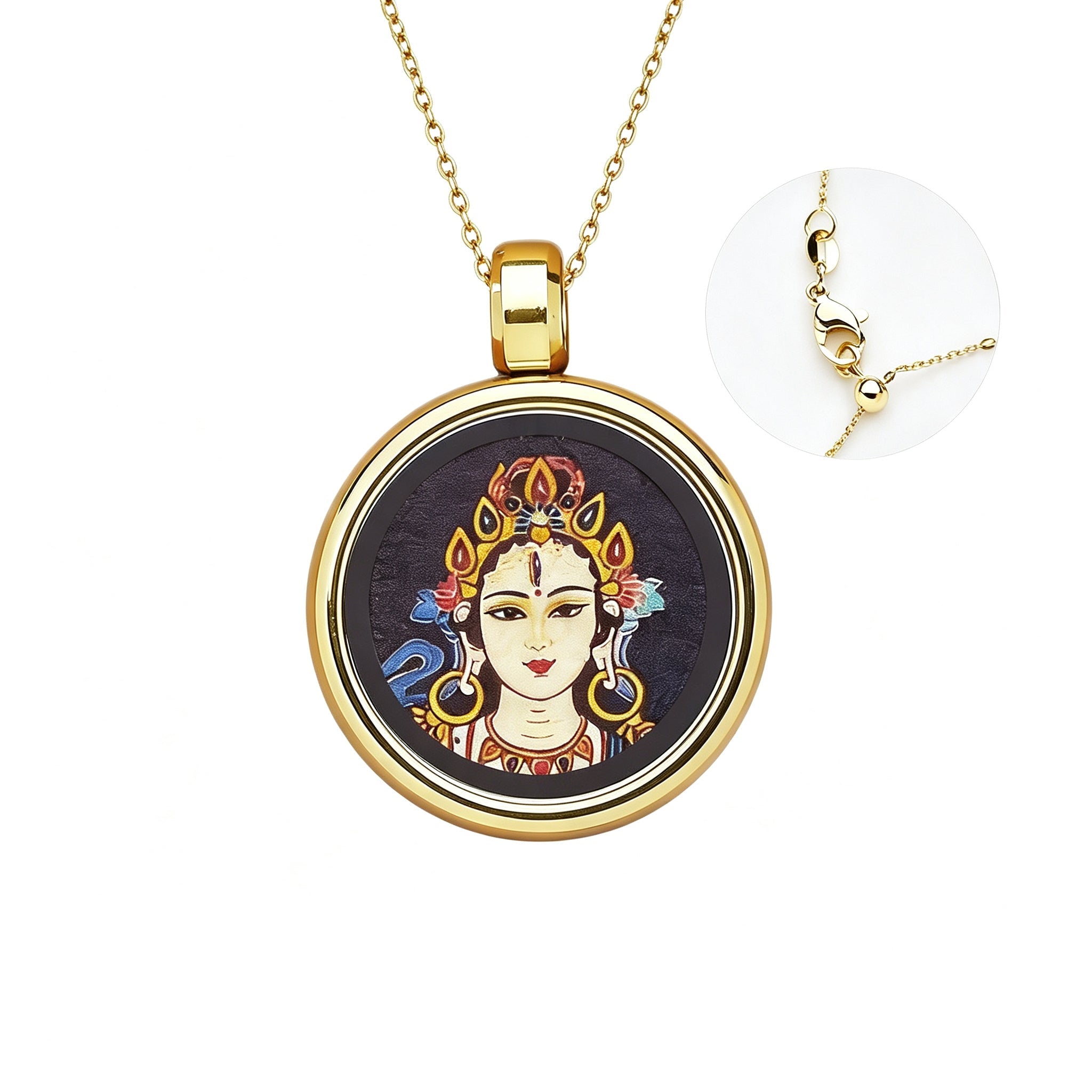RYS Hand-Painted Thangka Buddha Pendant Necklace | 18K Gold Plated Alloy | Tibetan Patron Saint Amulet for Zodiac Signs | Spiritual Protection Jewelry