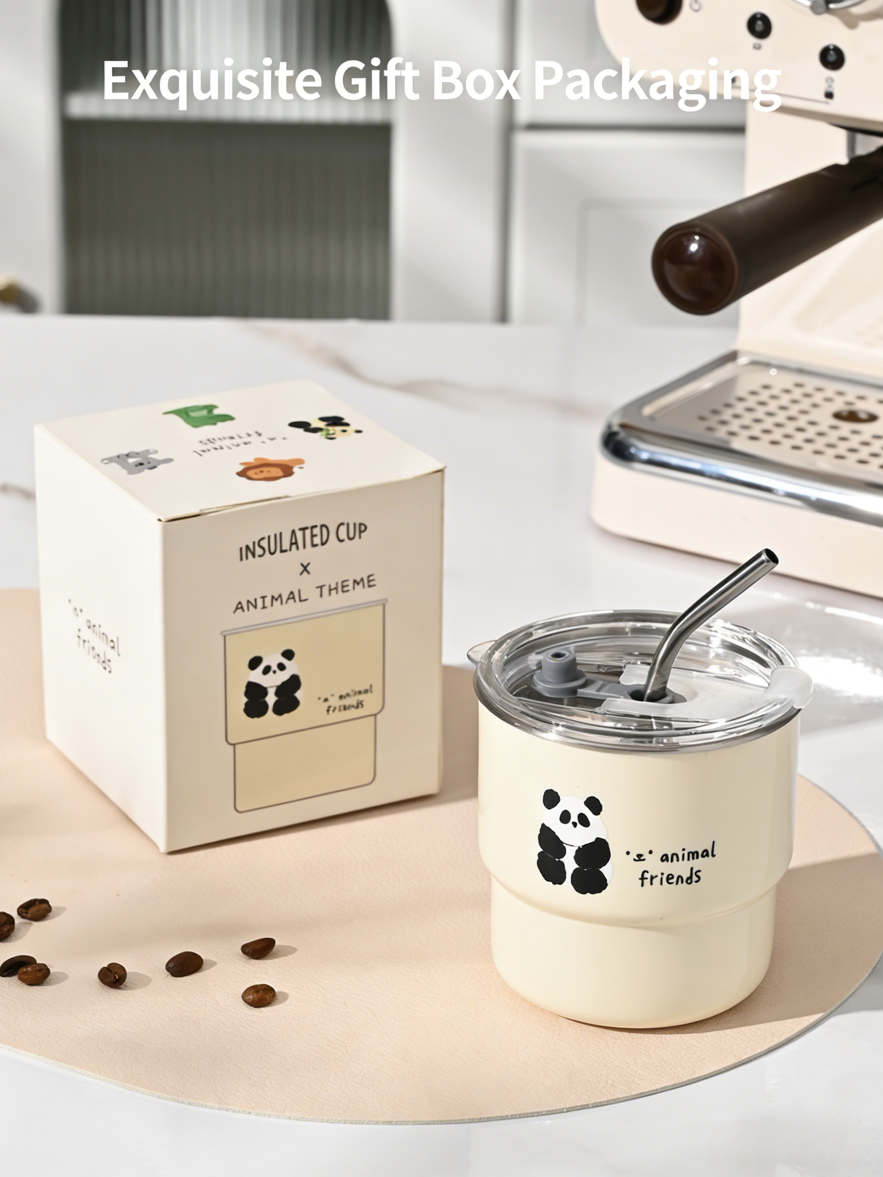 HGD Cute Panda Insulated Coffee Cup with Straw & Lid | 400/600ml Animal Theme Stainless Steel Tumbler