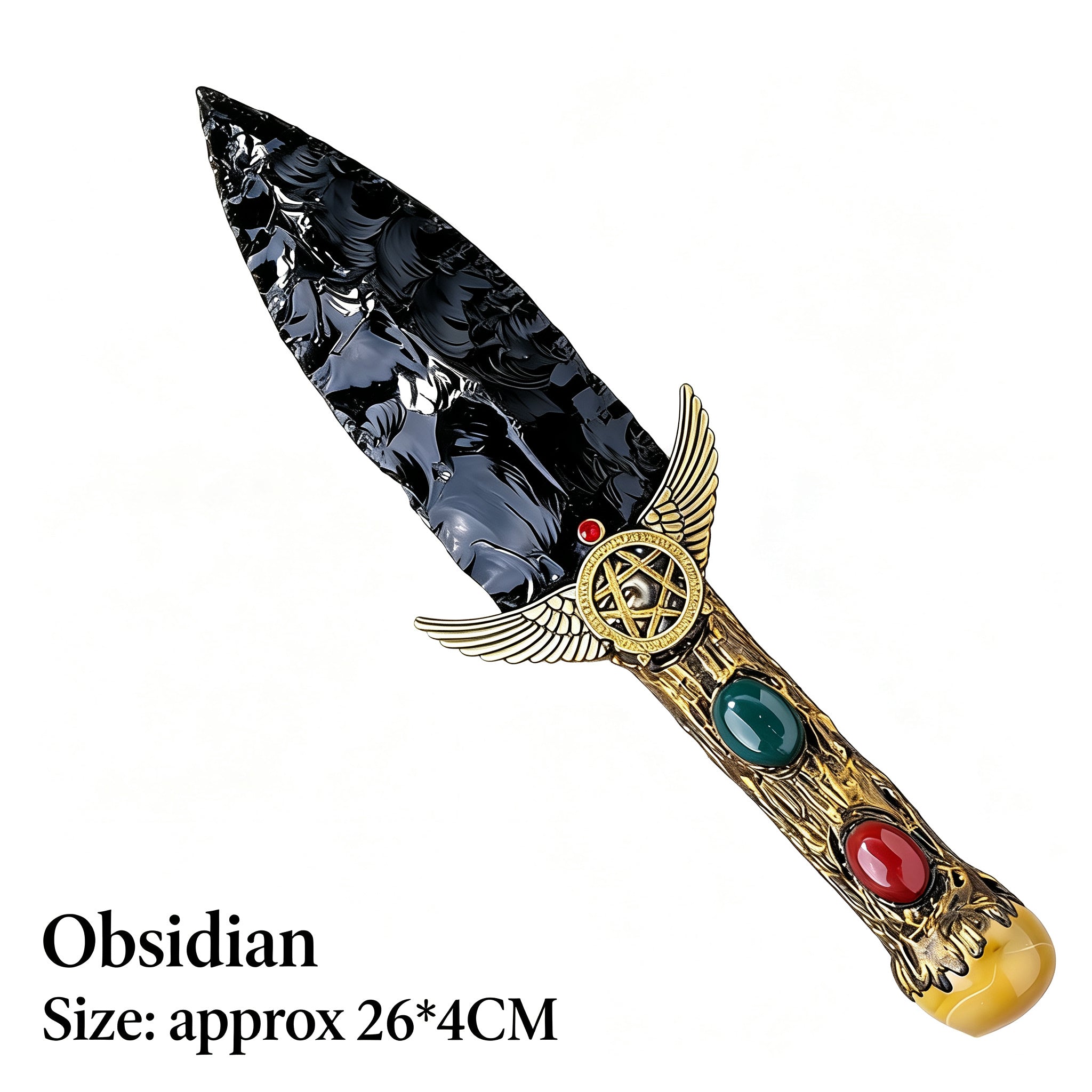 RYS Natural Obsidian Crystal Dagger, Hand Carved Stone Blade with Wooden Handle, Spiritual Ritual & Altar Decor