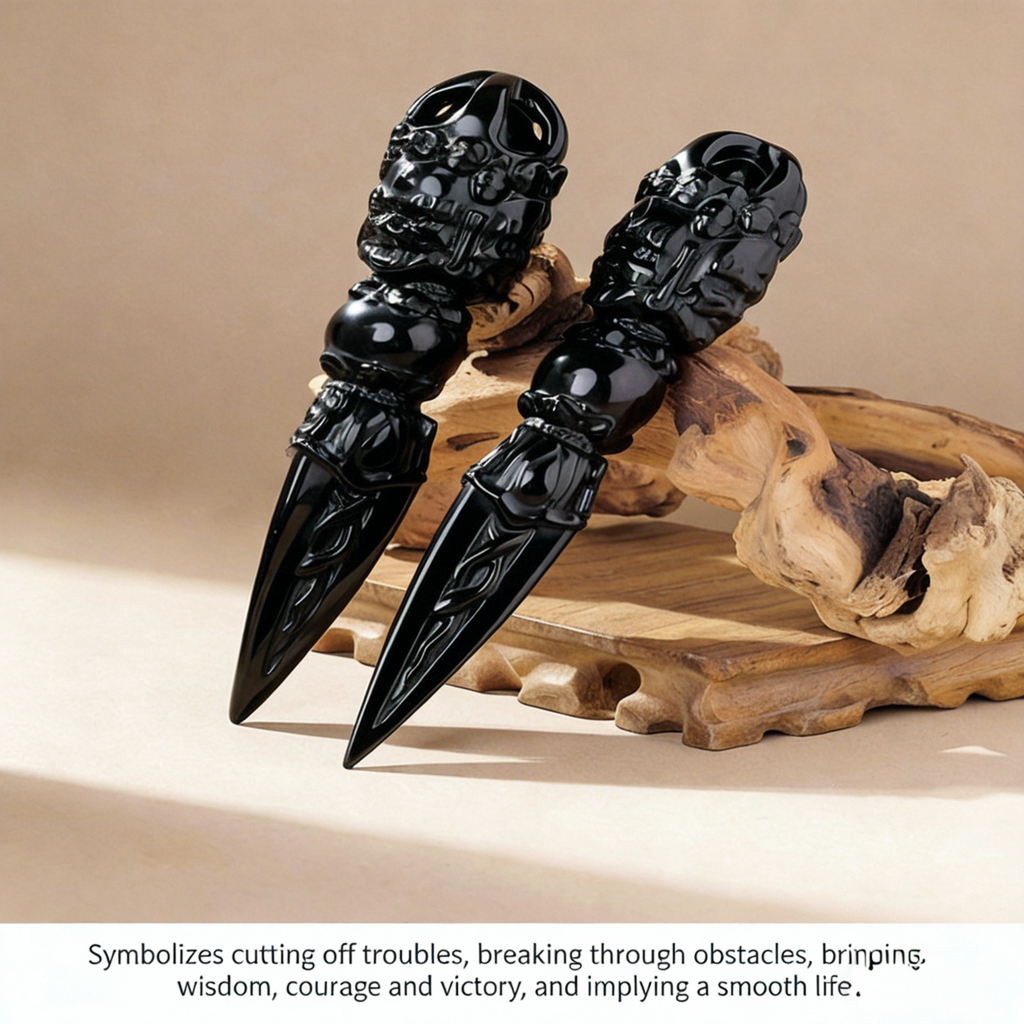 RYS Natural Obsidian Vajra Pestle Carving | Hand-Carved Phurba Dagger | Spiritual Protection Crystal Decor for Altar & Meditation