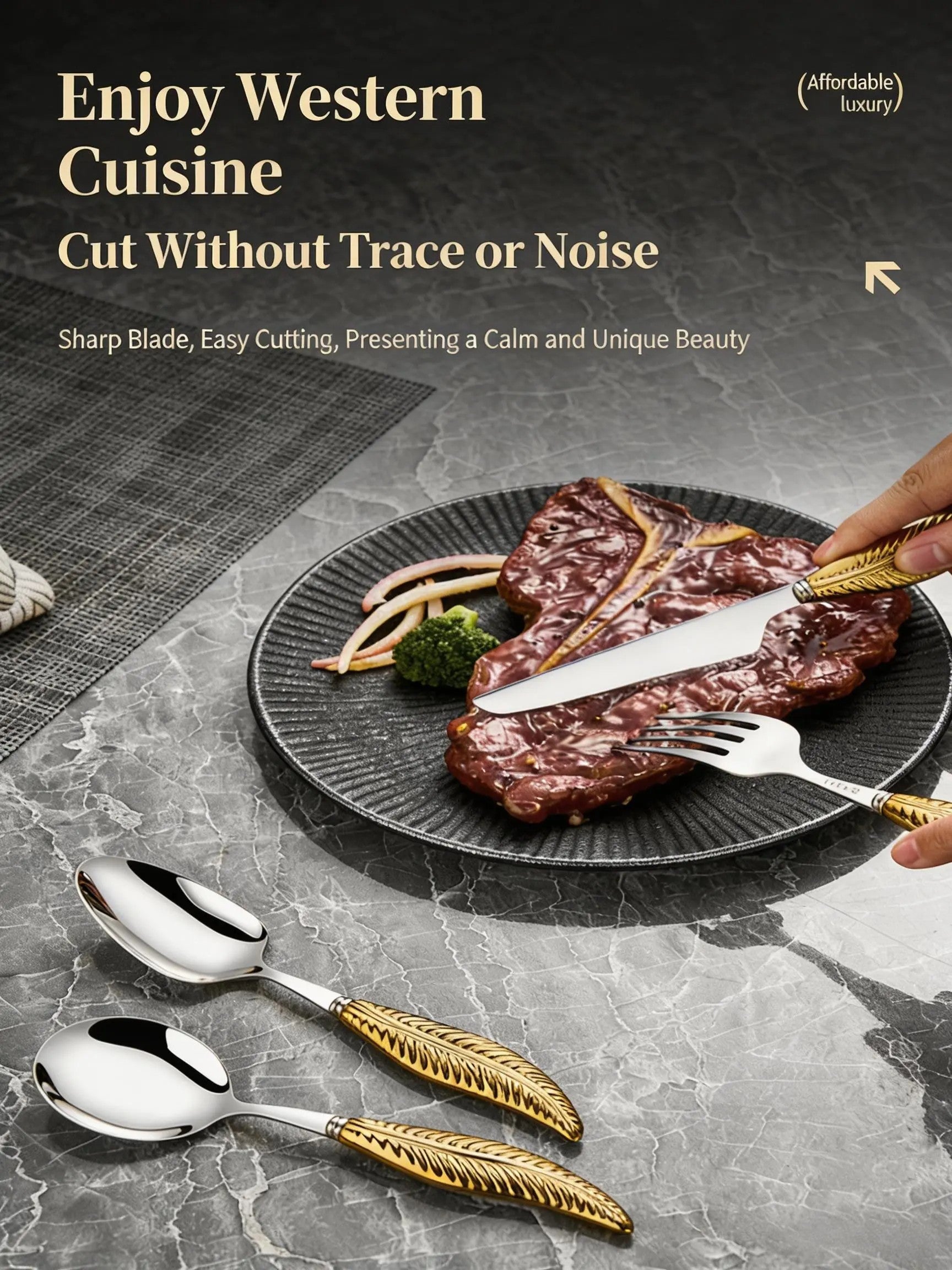 HGD 304 Stainless Steel Luxury Feather-Handled Cutlery | Premium Steak Knife Fork Spoon Set