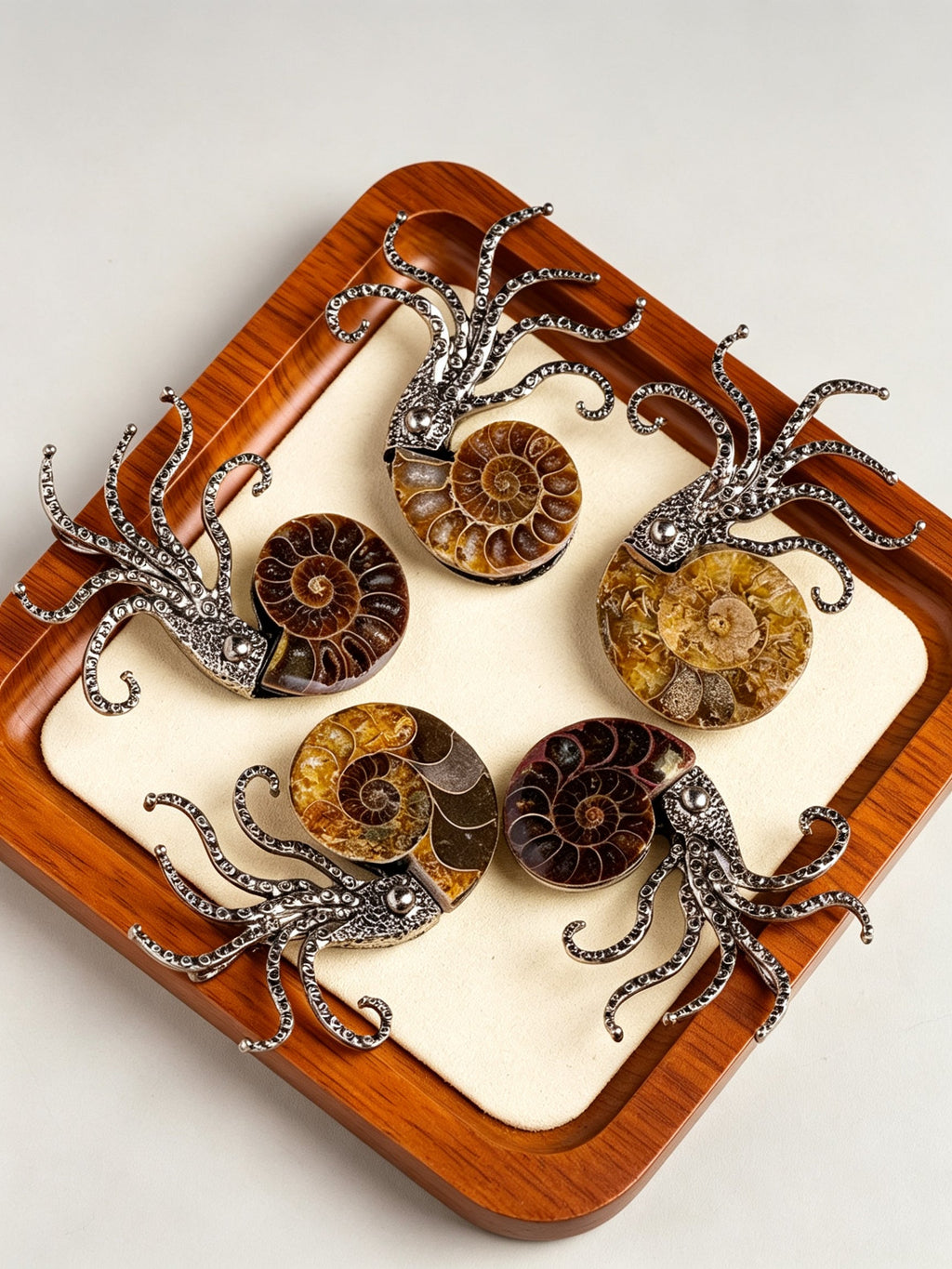RYS Natural Ammonite Fossil Jewelry Brooch Necklace Earrings Set
