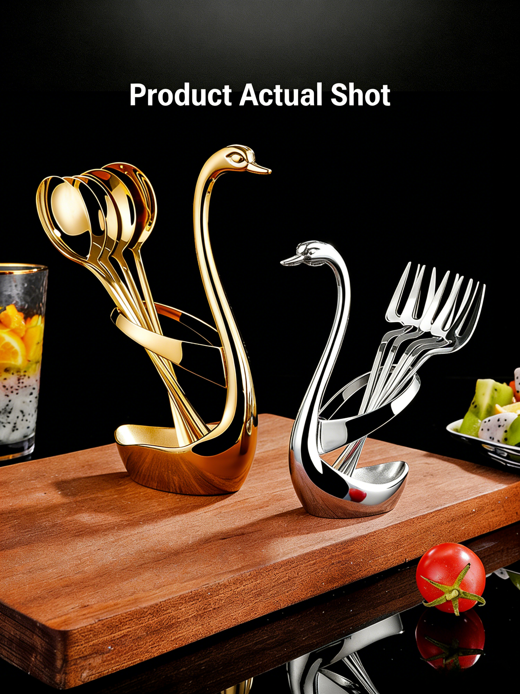HGD 304 Stainless Steel Fruit Spoon & Fork Set | Swan Base Holder | Modern Minimalist Tableware Kit
