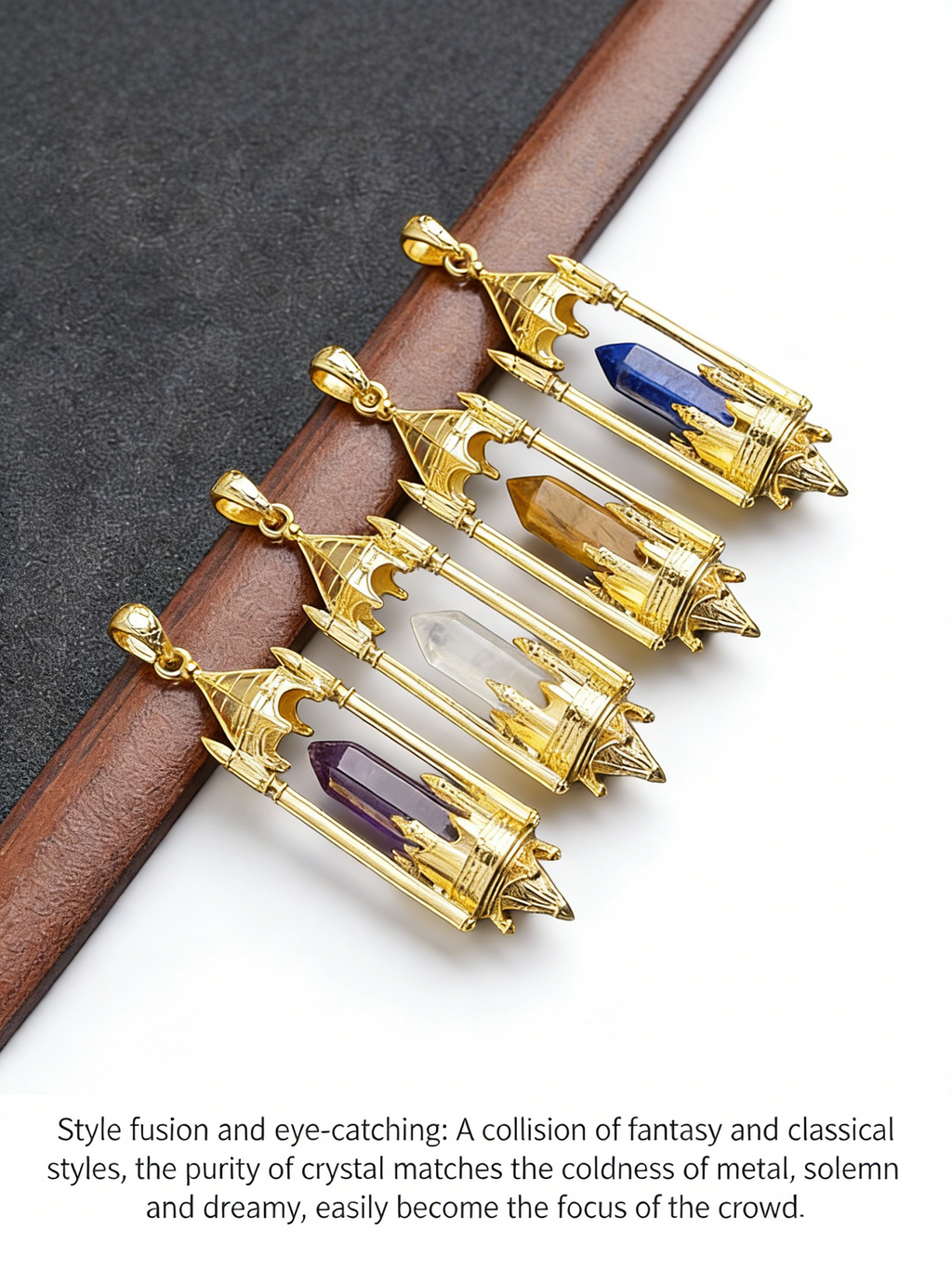 RYS Fantasy Castle Natural Crystal Point Pendant | Multi-Metal (Titanium/Silver/Gold) Options, Includes Chain