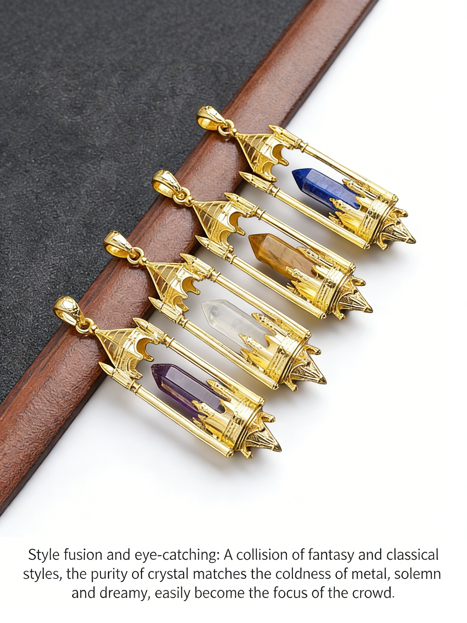 RYS Fantasy Castle Natural Crystal Point Pendant | Multi-Metal (Titanium/Silver/Gold) Options, Includes Chain