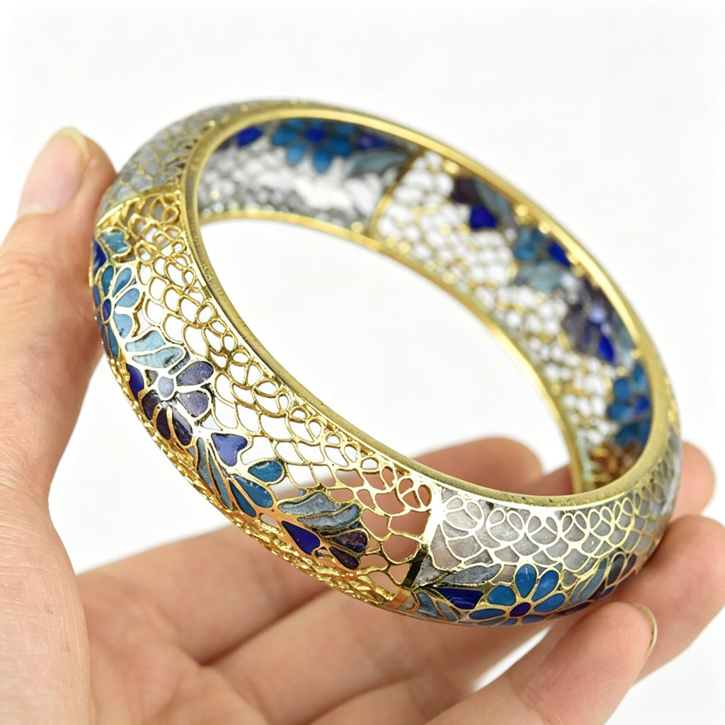 JCJ Vintage Beijing Hollow Cloisonne Bangle, Intricate Handmade Filigree Enamel Collectible Bracelet for Premium Gifting