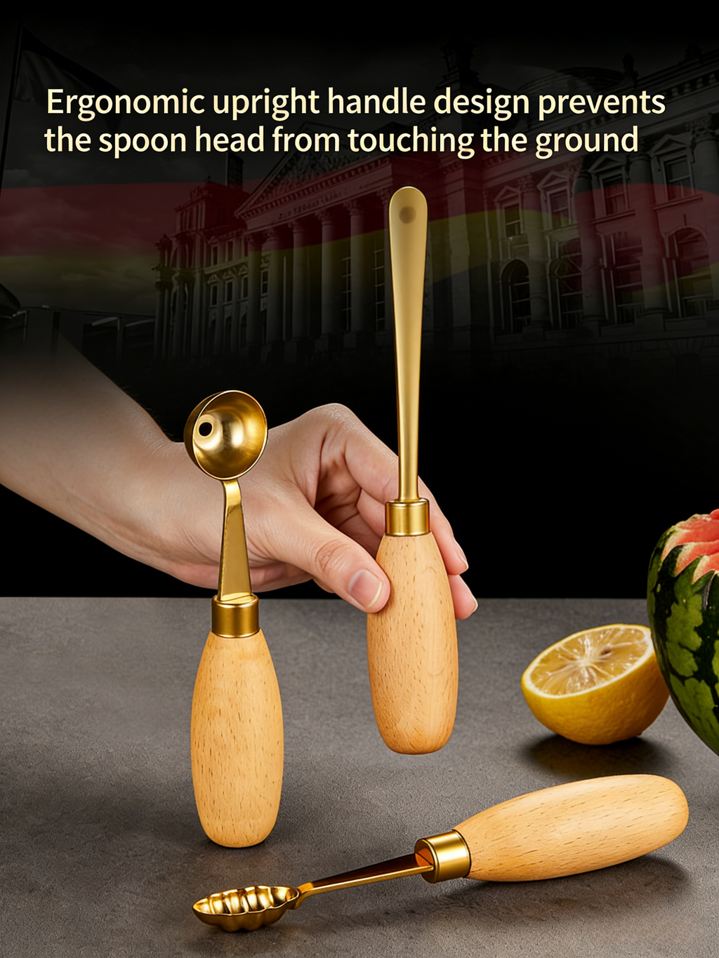 HGD 304 Stainless Steel Fruit Tool with Beech Wood Handle | Melon Baller, Carving Knife & Peeler
