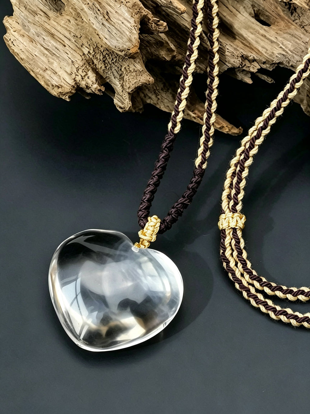 RYS Natural Clear Quartz Heart Pendant Necklace Hand Woven Rope