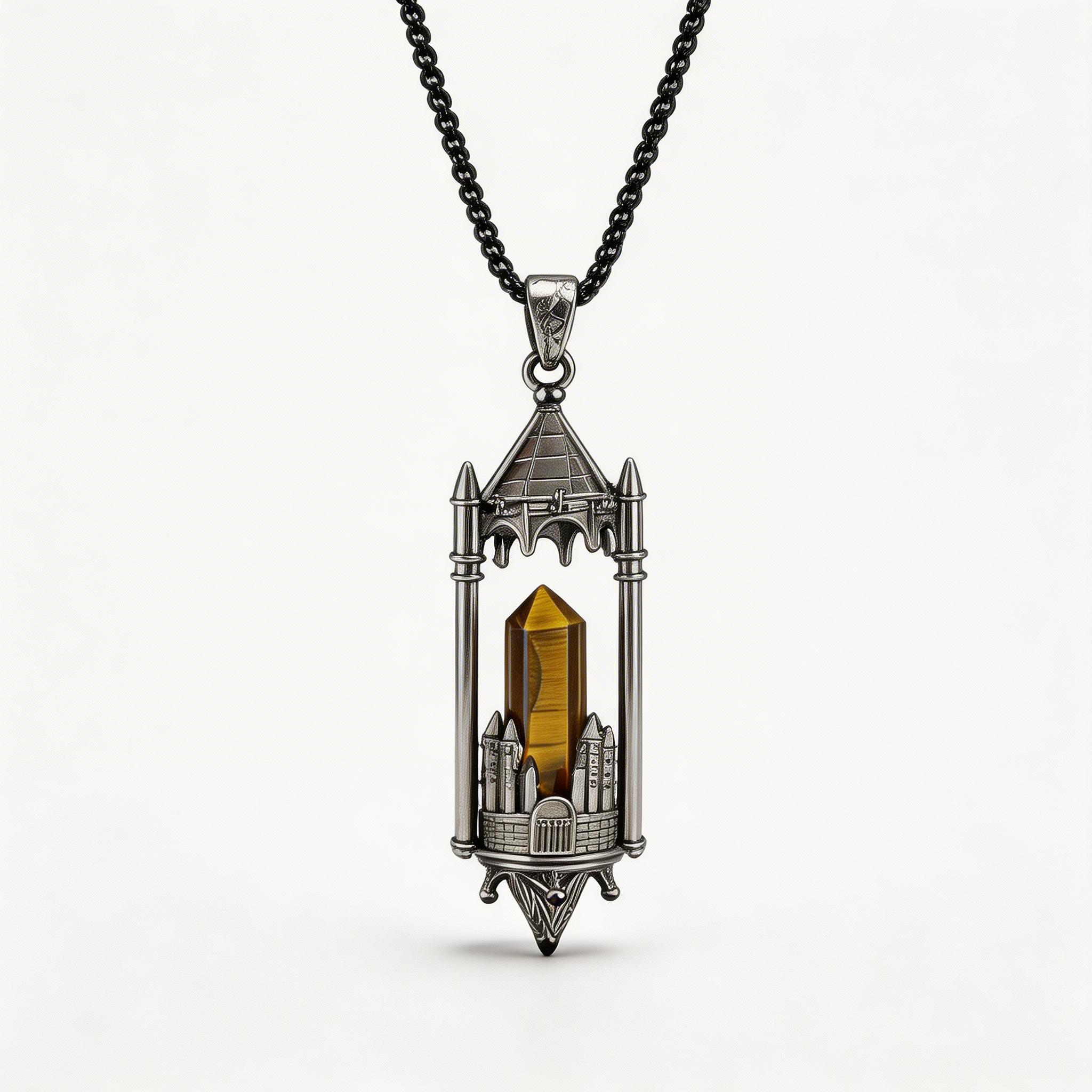 RYS Fantasy Castle Natural Crystal Point Pendant | Multi-Metal (Titanium/Silver/Gold) Options, Includes Chain