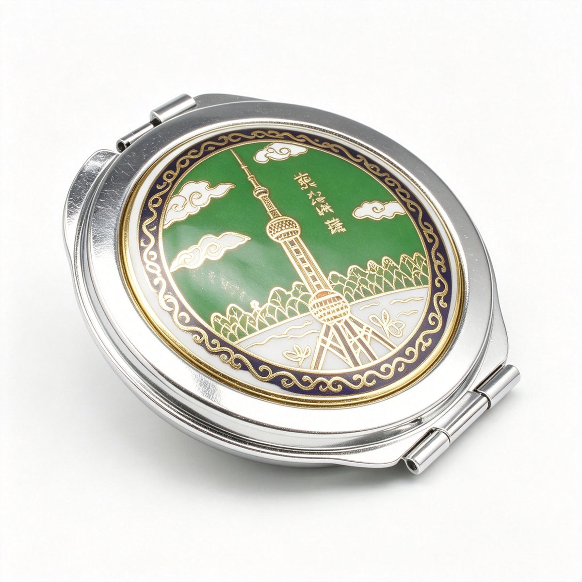JCJ Vintage Beijing Cloisonne Compact Mirror, Antique Export‑Stock Enamel Collectible Makeup Mirror, Cultural Art Gift