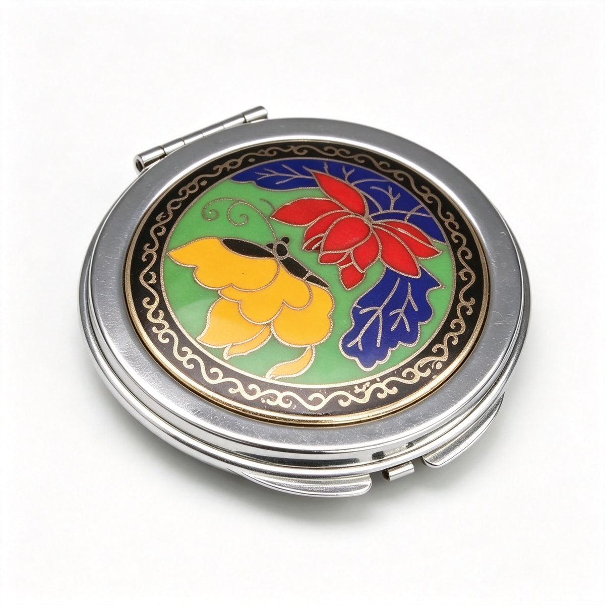JCJ Vintage Beijing Cloisonne Compact Mirror, Antique Export‑Stock Enamel Collectible Makeup Mirror, Cultural Art Gift