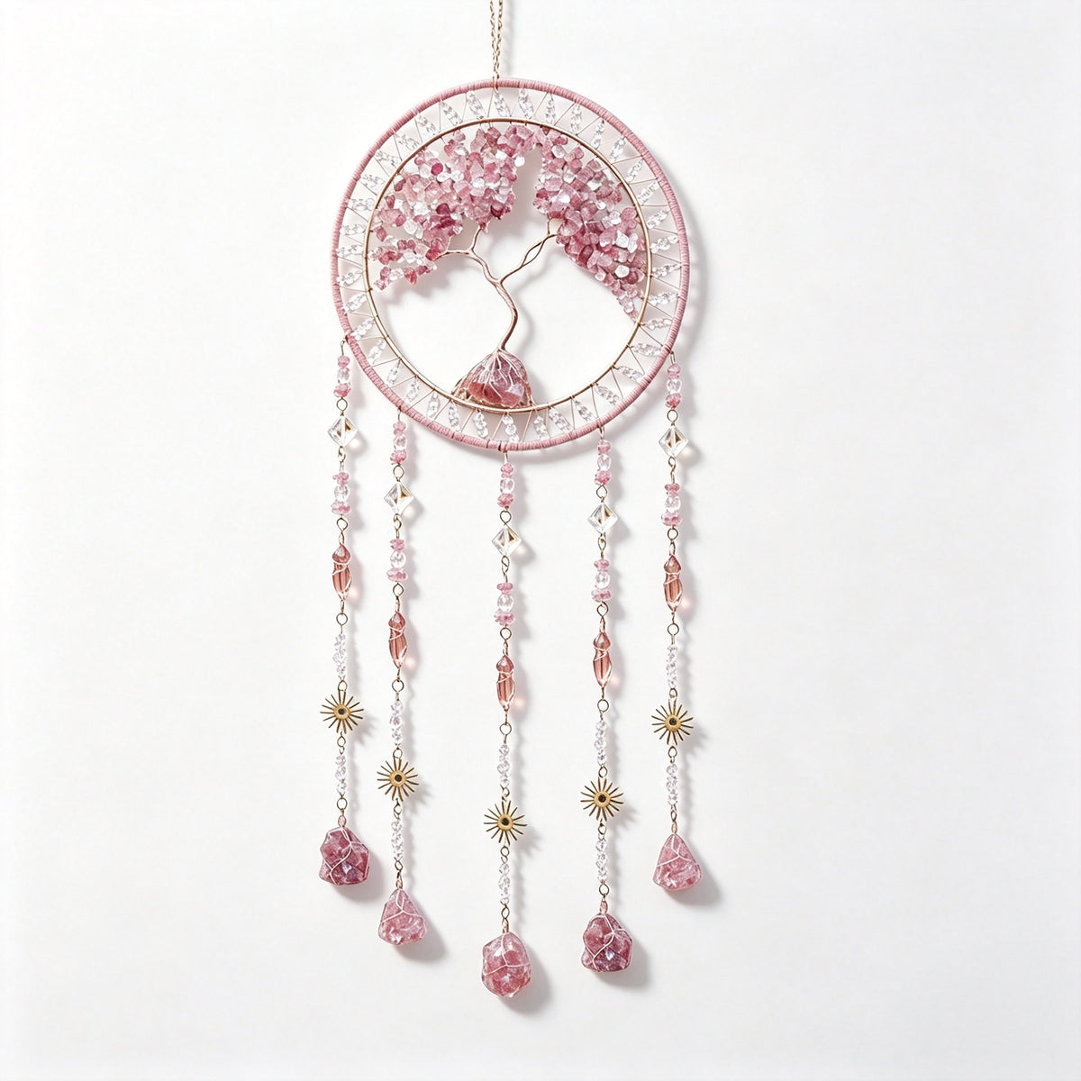 MGY Tree of Life Dreamcatcher Wind Chime, Natural Crystal Stone Boho Wall Hanging Decor
