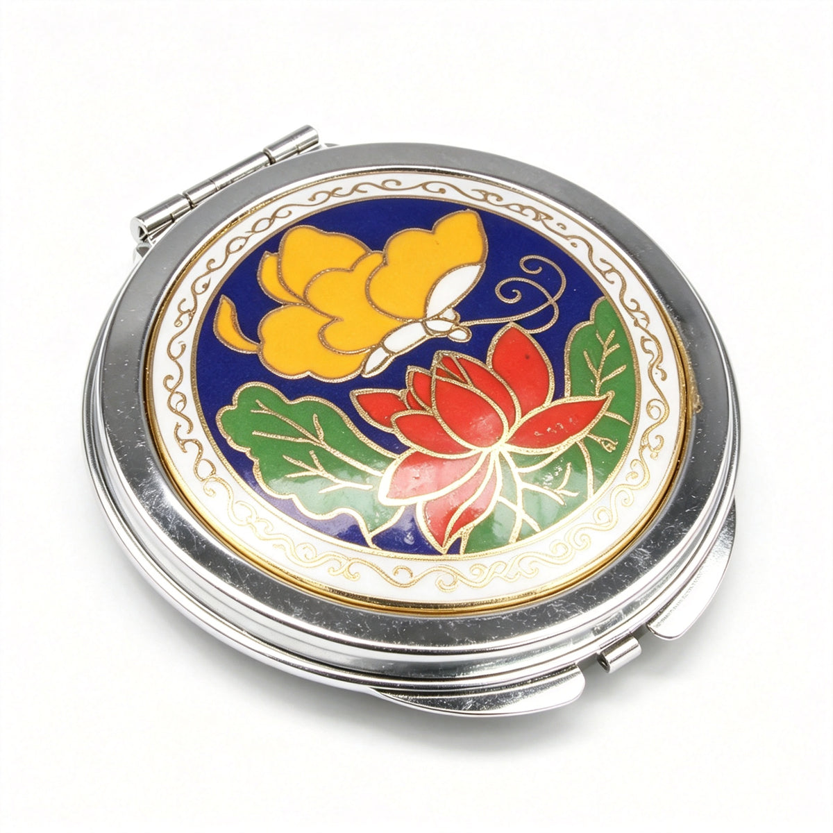JCJ Vintage Beijing Cloisonne Compact Mirror, Antique Export‑Stock Enamel Collectible Makeup Mirror, Cultural Art Gift