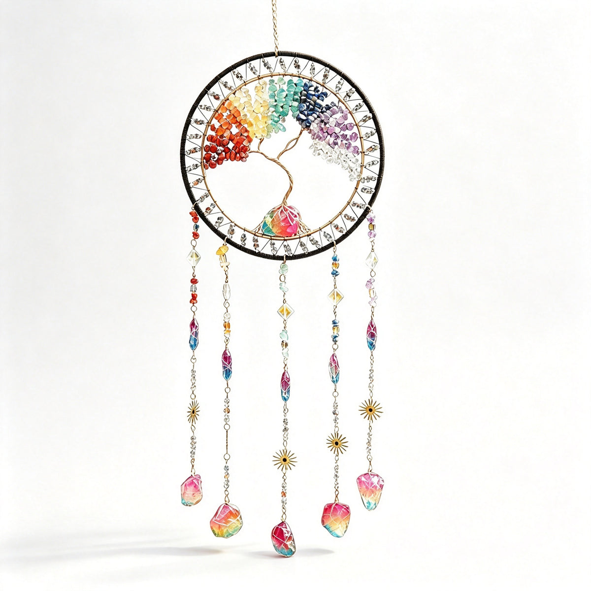 MGY Tree of Life Dreamcatcher Wind Chime, Natural Crystal Stone Boho Wall Hanging Decor