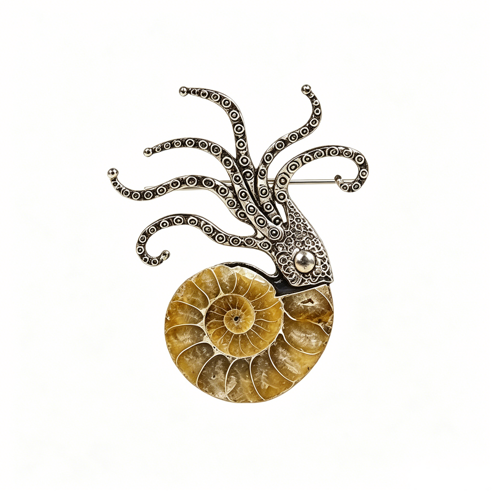 RYS Natural Ammonite Fossil Jewelry Brooch Necklace Earrings Set
