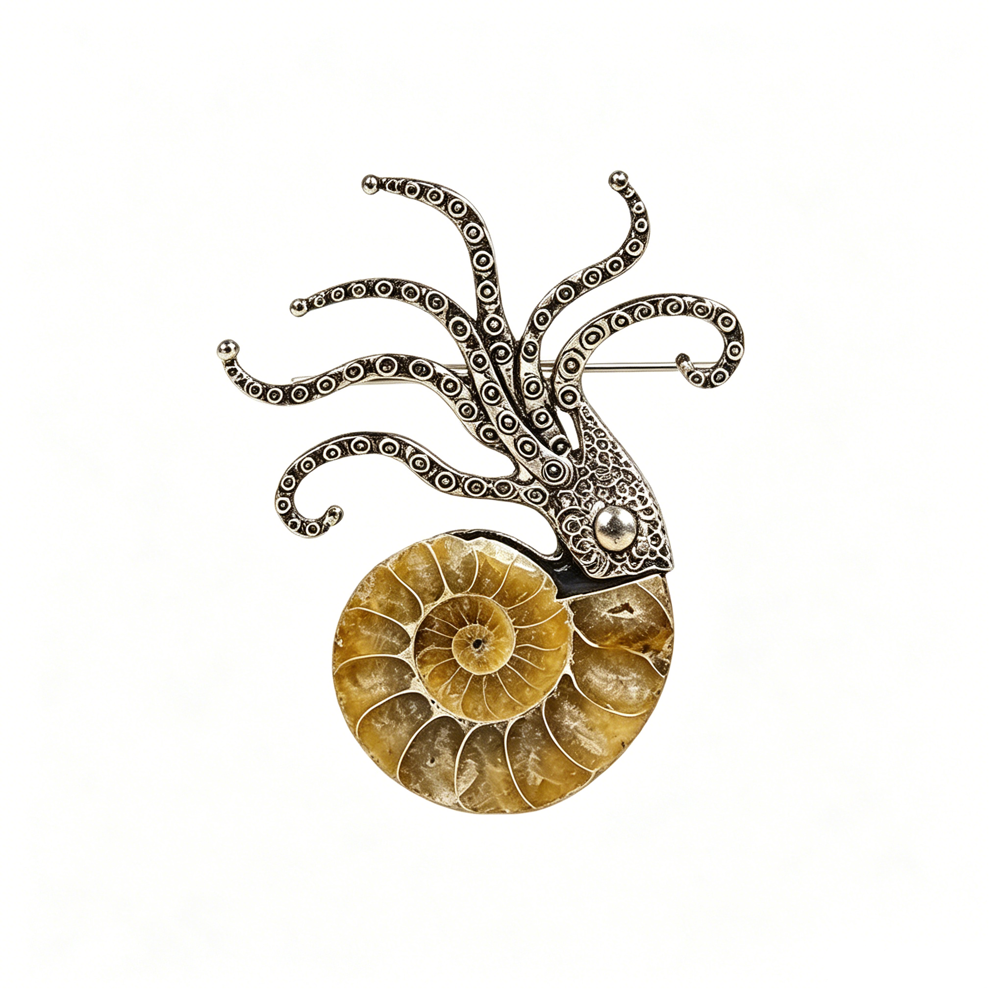 RYS Natural Ammonite Fossil Jewelry Brooch Necklace Earrings Set