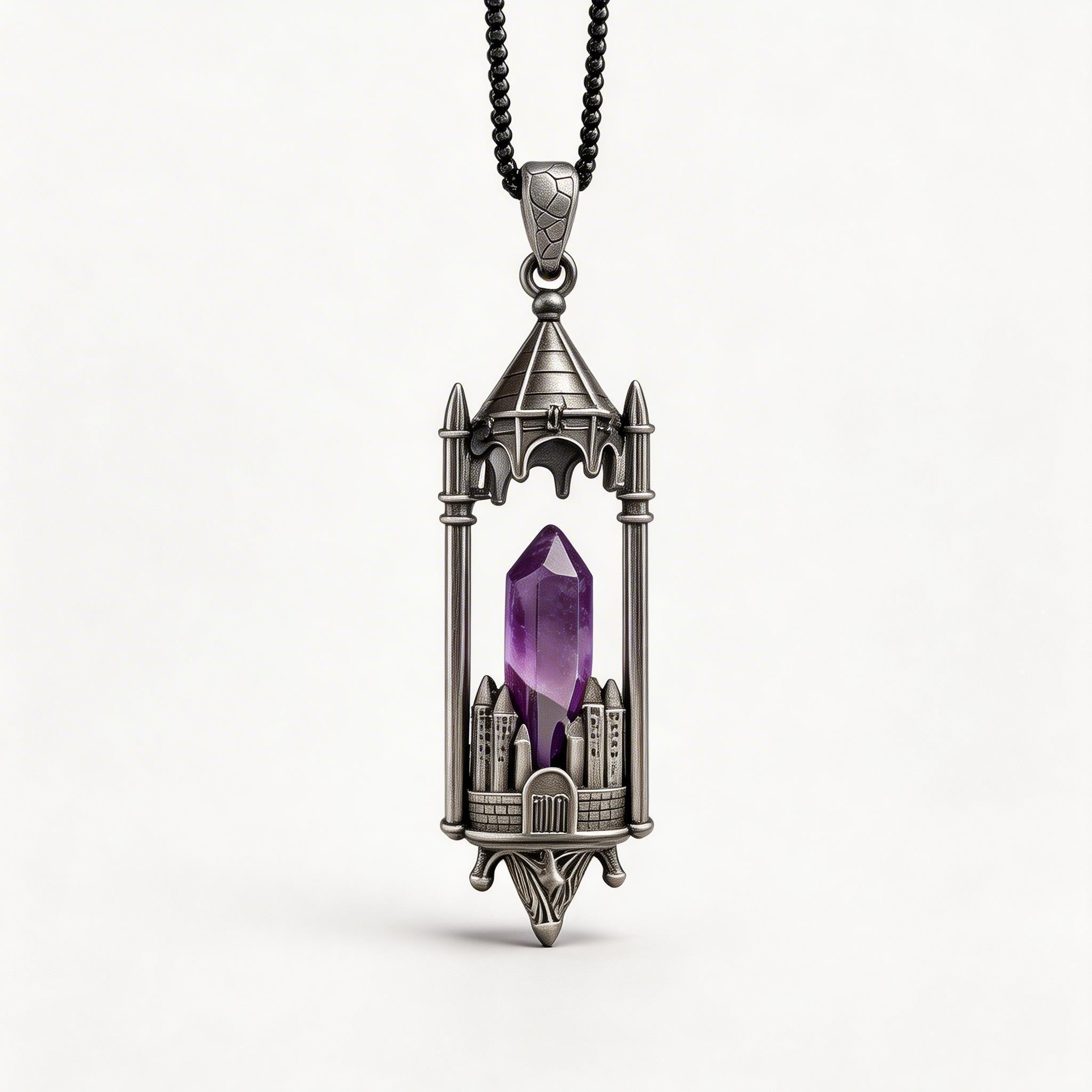 RYS Fantasy Castle Natural Crystal Point Pendant | Multi-Metal (Titanium/Silver/Gold) Options, Includes Chain
