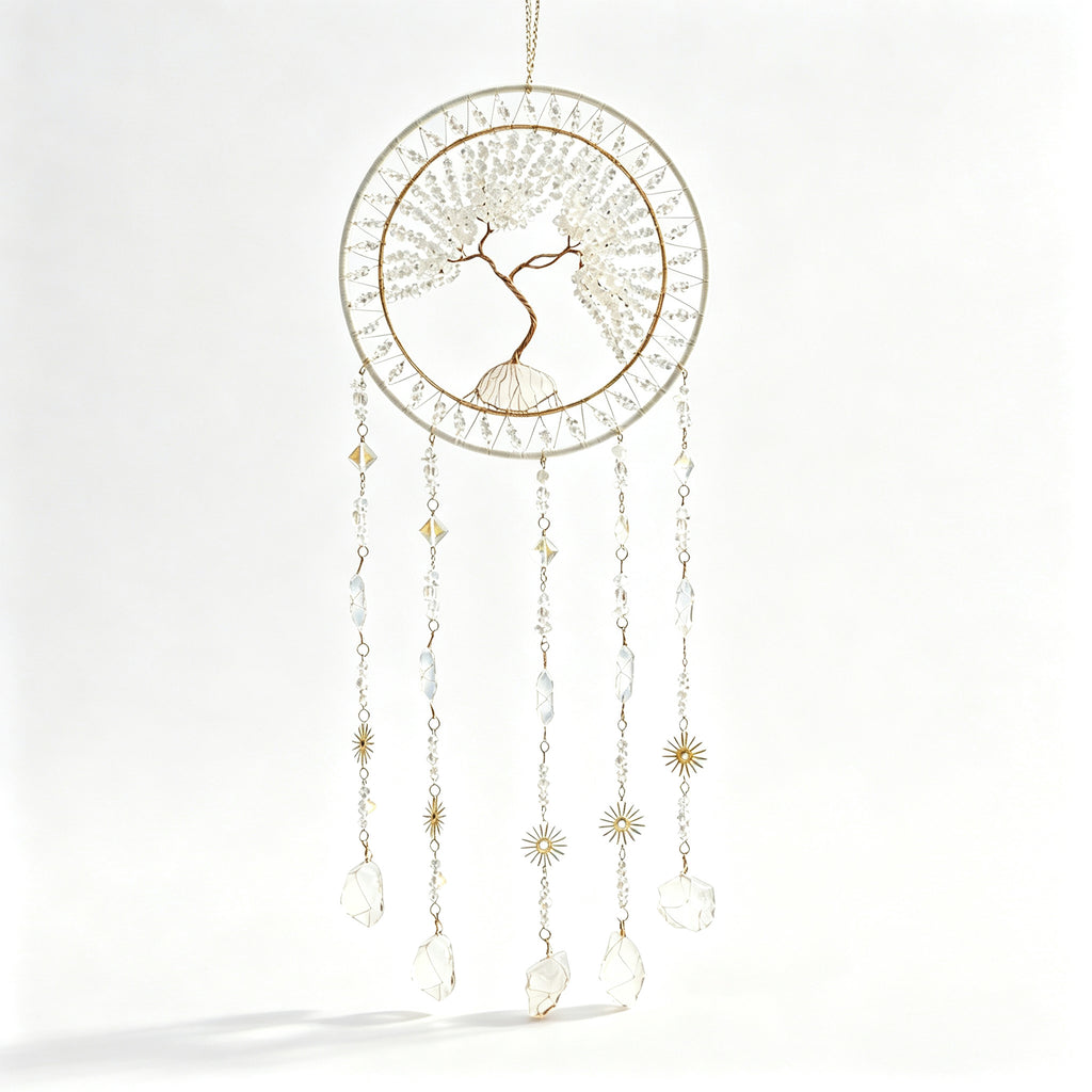 MGY Tree of Life Dreamcatcher Wind Chime, Natural Crystal Stone Boho Wall Hanging Decor
