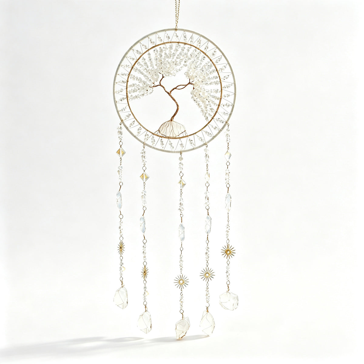 MGY Tree of Life Dreamcatcher Wind Chime, Natural Crystal Stone Boho Wall Hanging Decor