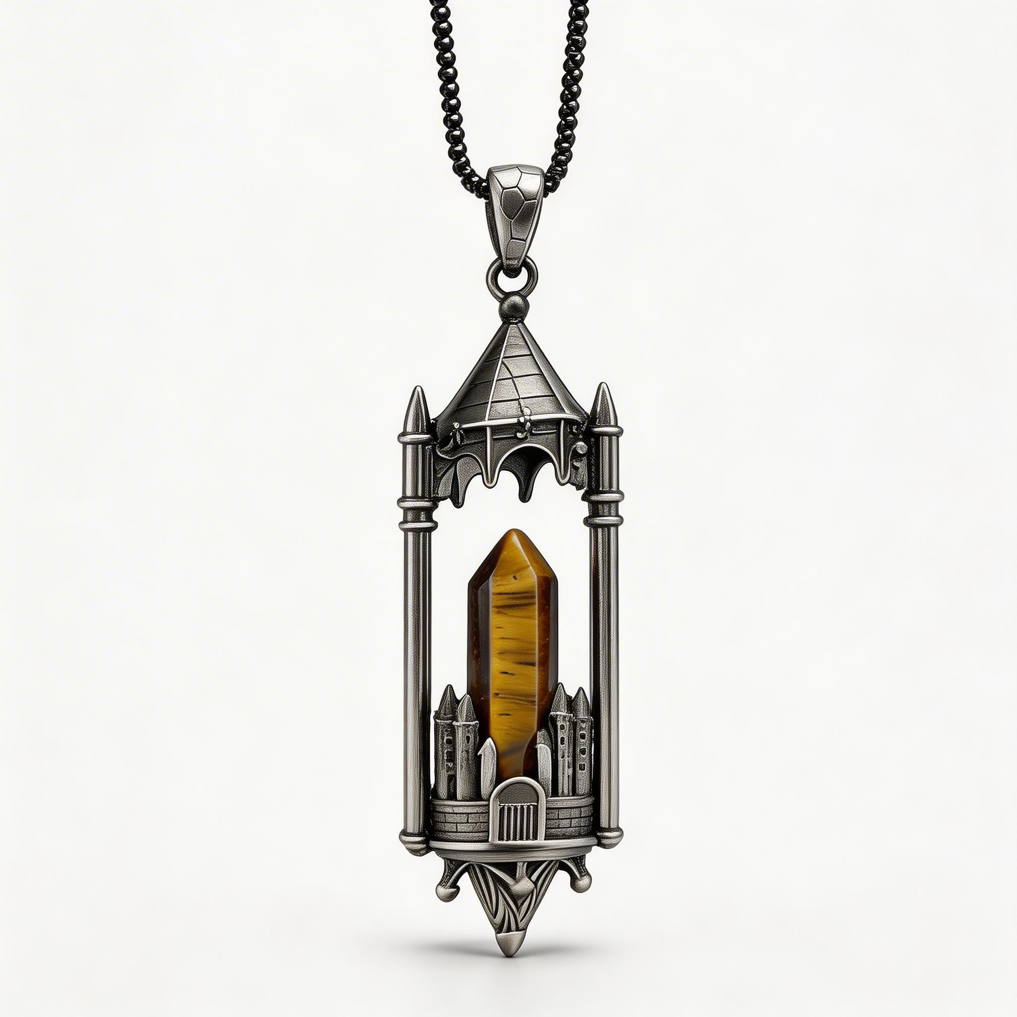 RYS Fantasy Castle Natural Crystal Point Pendant | Multi-Metal (Titanium/Silver/Gold) Options, Includes Chain
