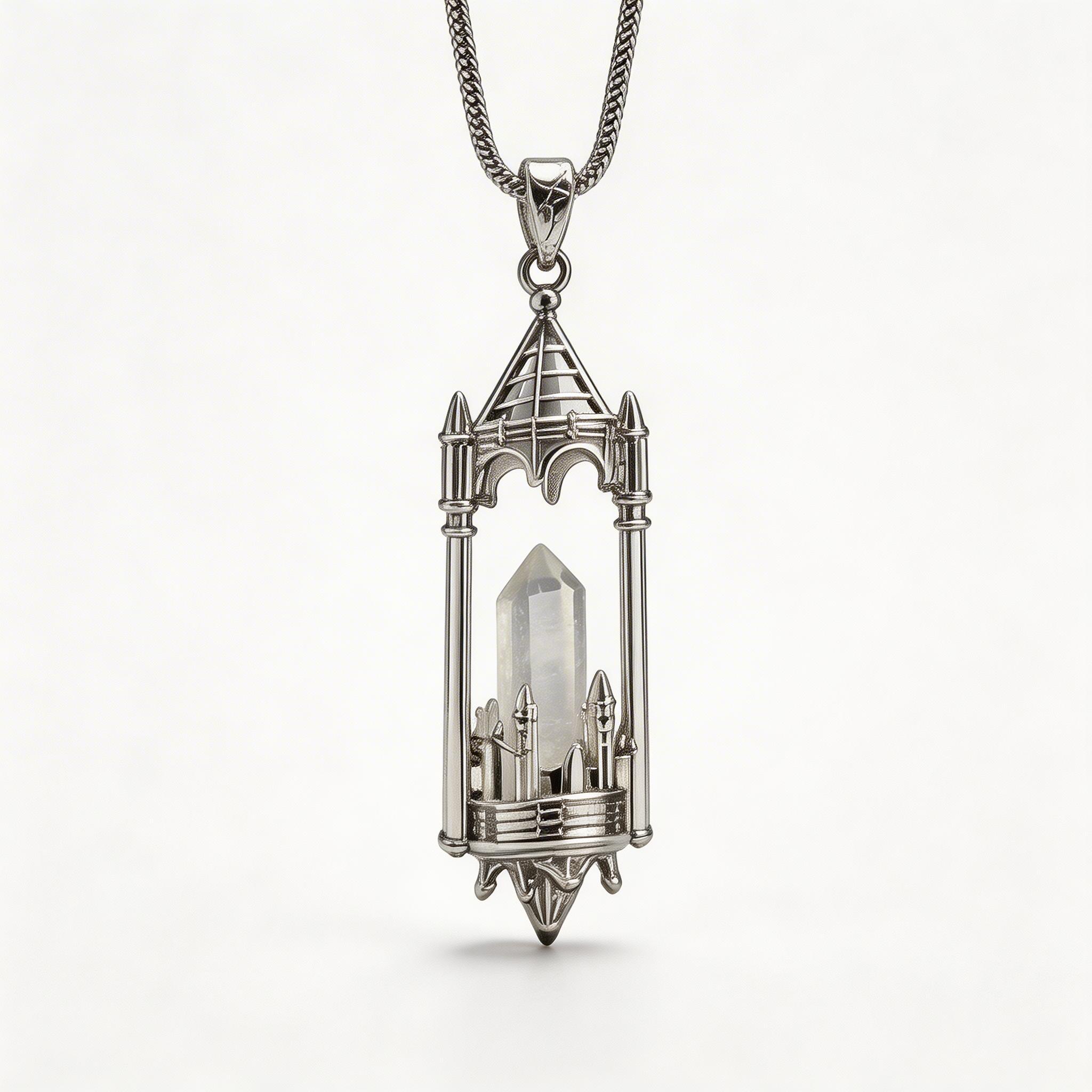 RYS Fantasy Castle Natural Crystal Point Pendant | Multi-Metal (Titanium/Silver/Gold) Options, Includes Chain