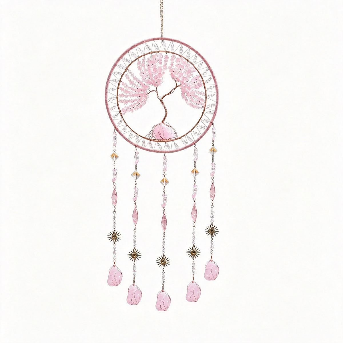 MGY Tree of Life Dreamcatcher Wind Chime, Natural Crystal Stone Boho Wall Hanging Decor