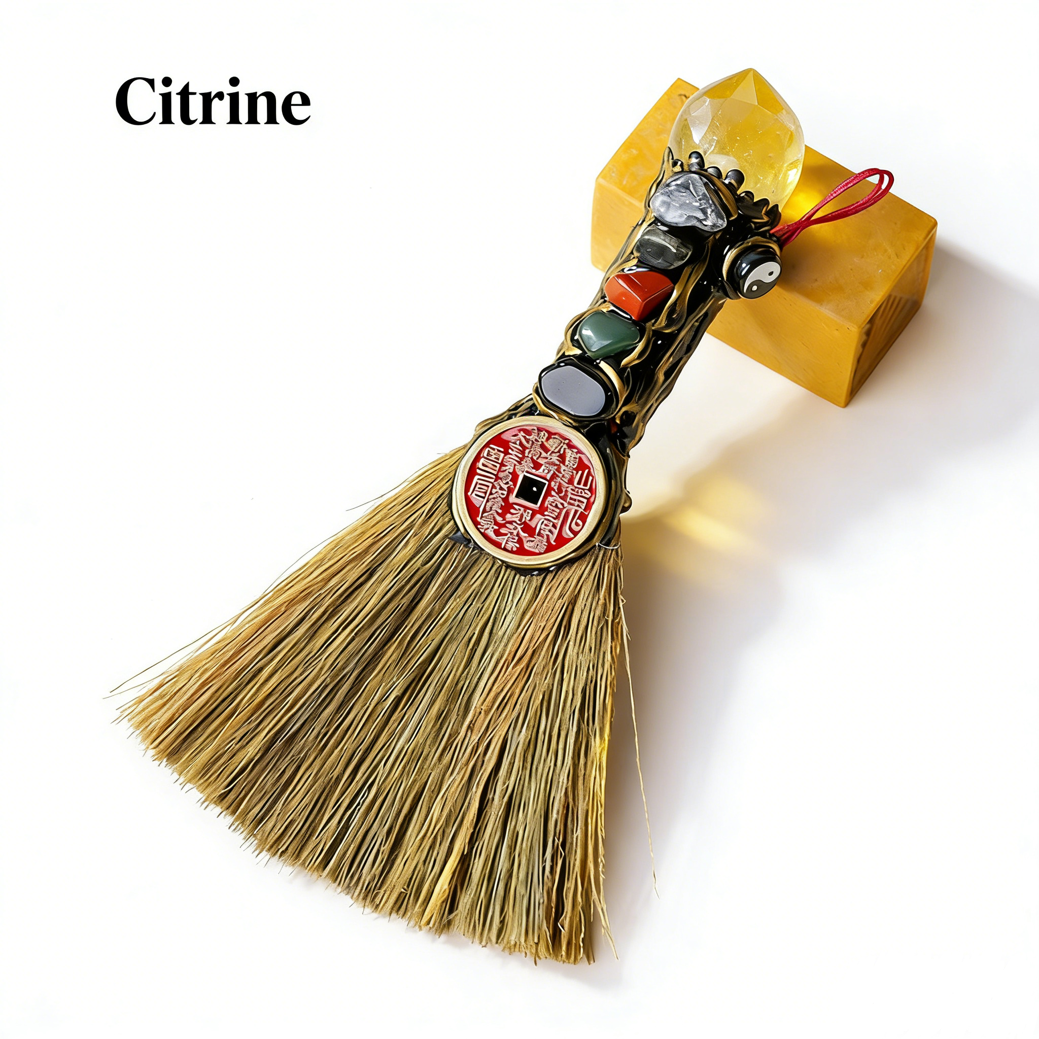 RYS Natural Crystal Shanguang Coin & Small Broom Pendant, Five Elements Stone Amulet for Entrance Door Handle