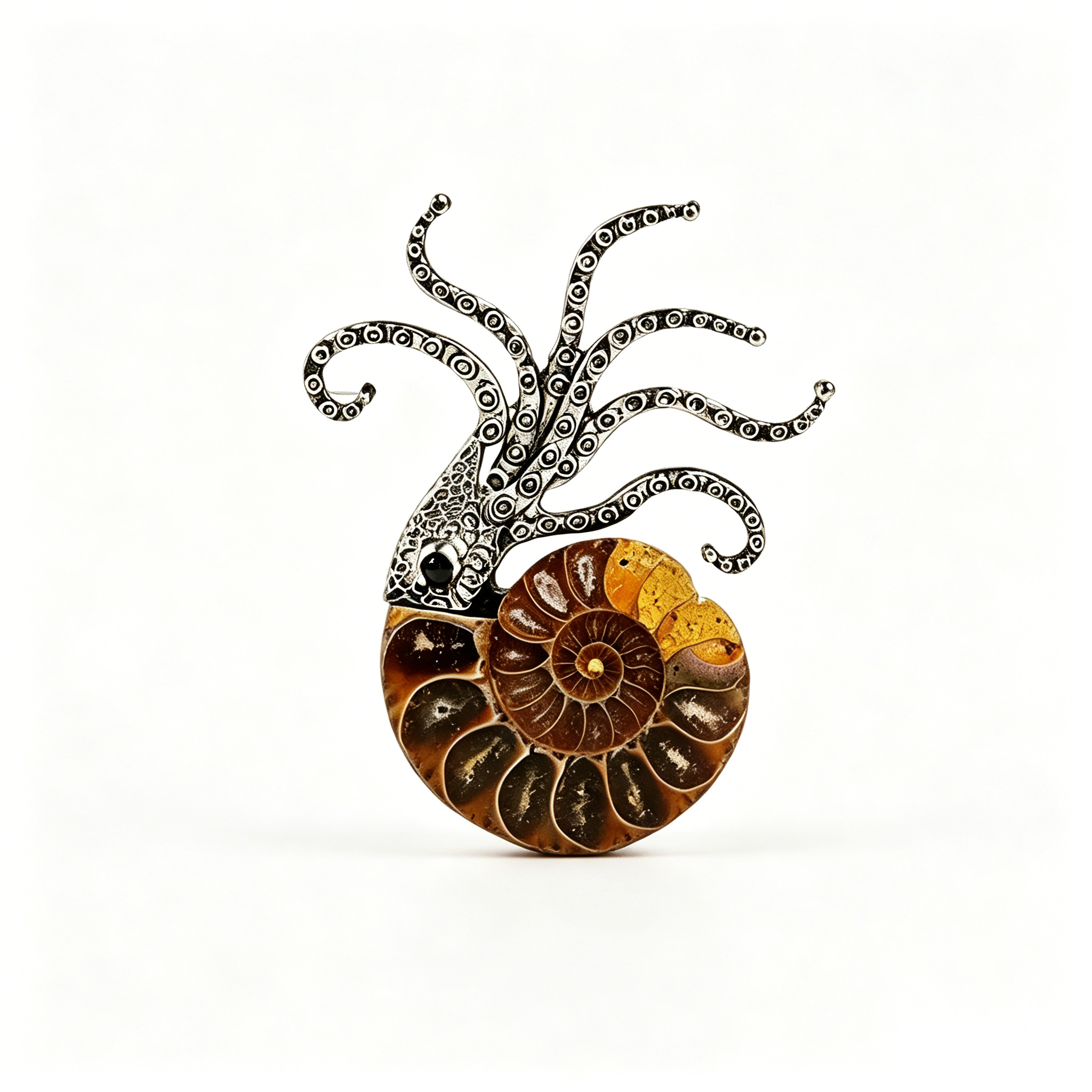 RYS Natural Ammonite Fossil Jewelry Brooch Necklace Earrings Set