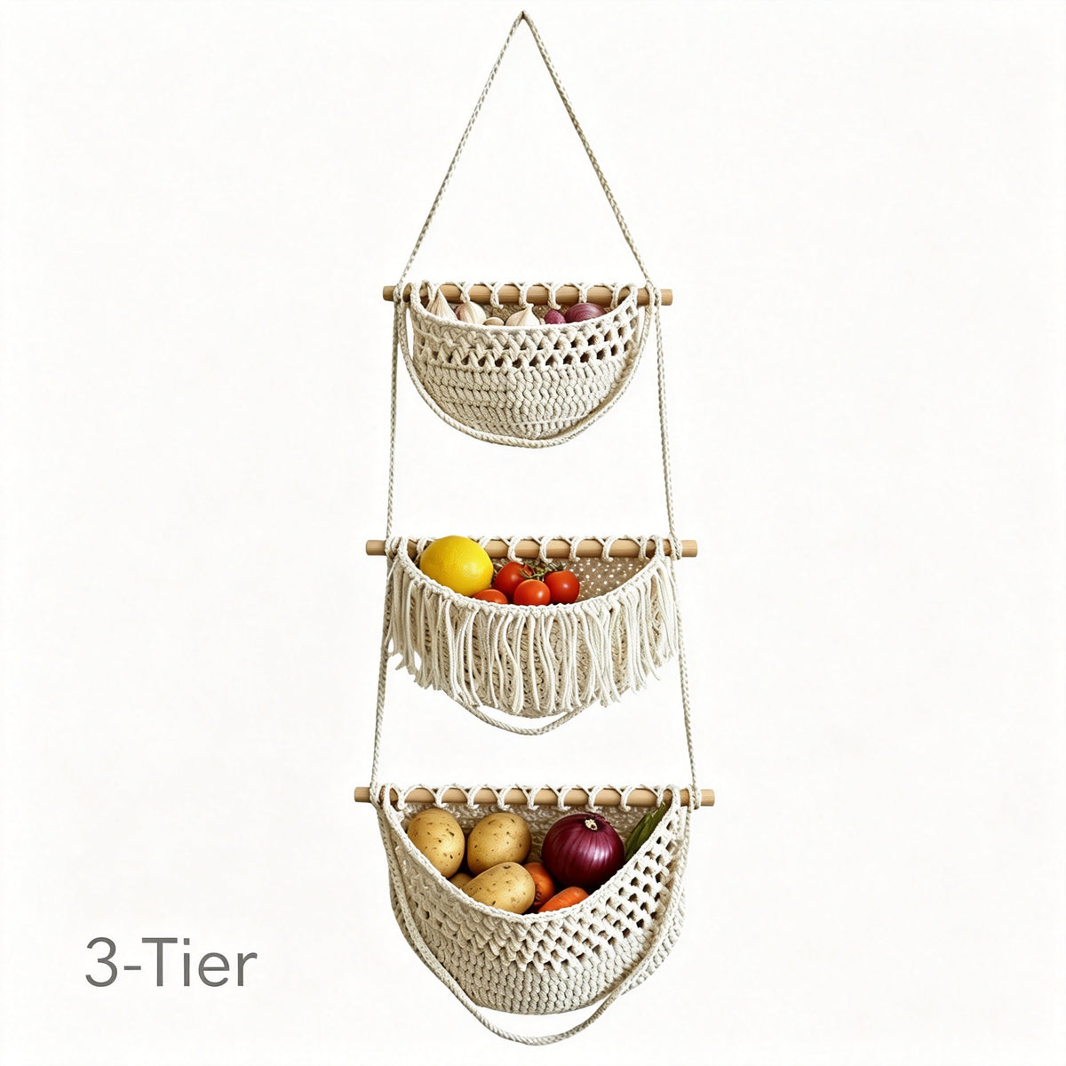 JXG Hand Woven Cotton Wall Hanging Fruit Net Bag Removable Wall Mount Vegetable Storage Basket For Kitchen Home Decor