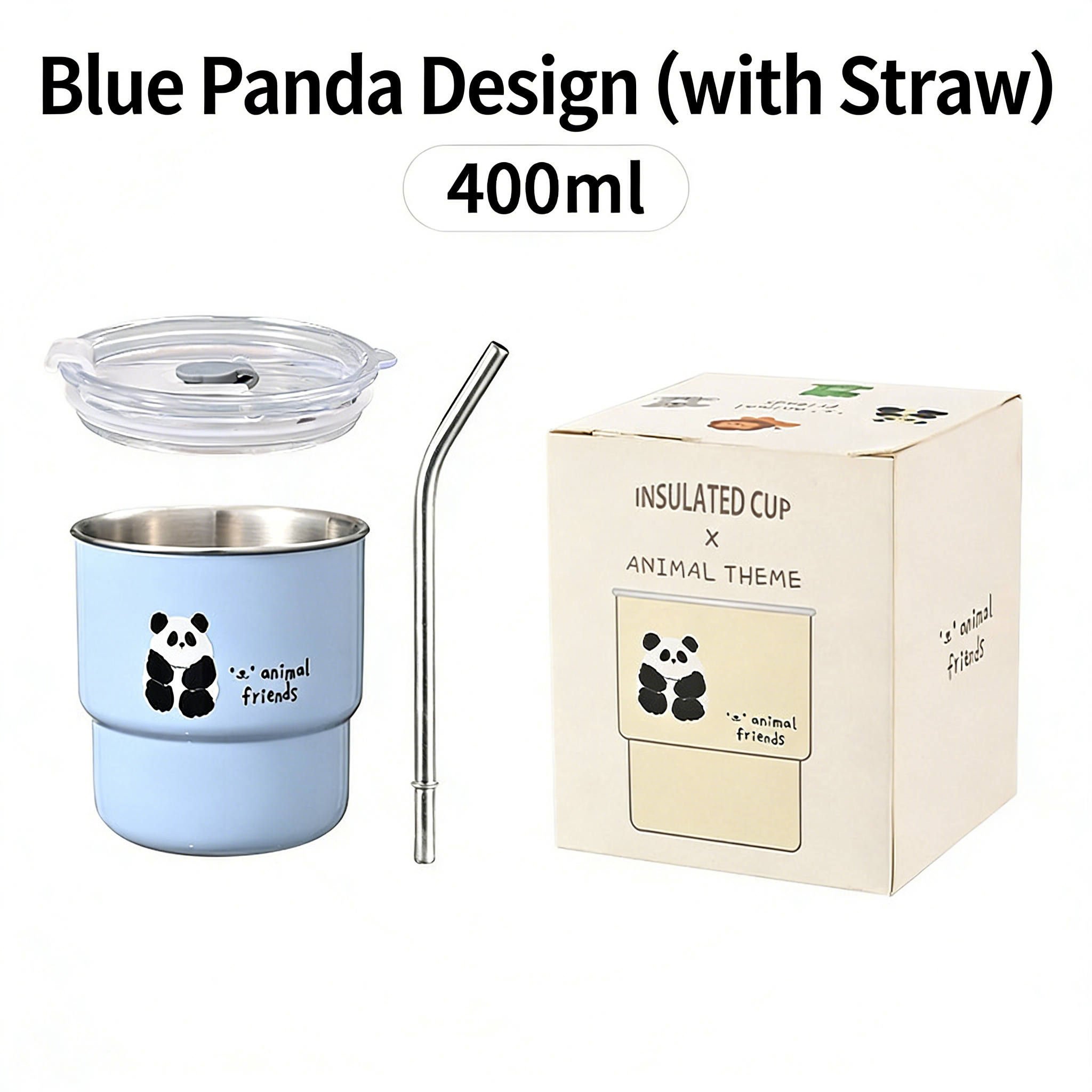 HGD Cute Panda Insulated Coffee Cup with Straw & Lid | 400/600ml Animal Theme Stainless Steel Tumbler