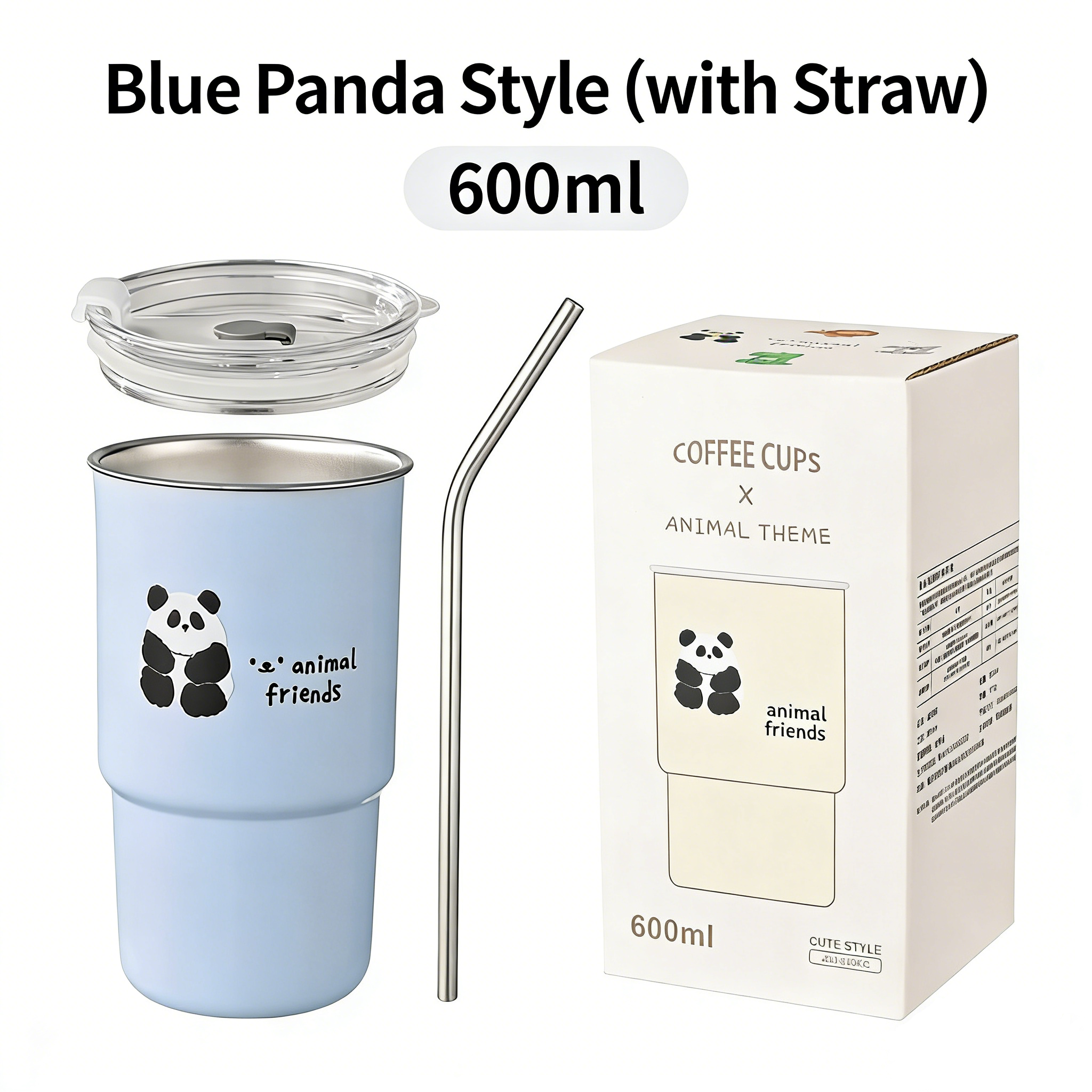 HGD Cute Panda Insulated Coffee Cup with Straw & Lid | 400/600ml Animal Theme Stainless Steel Tumbler