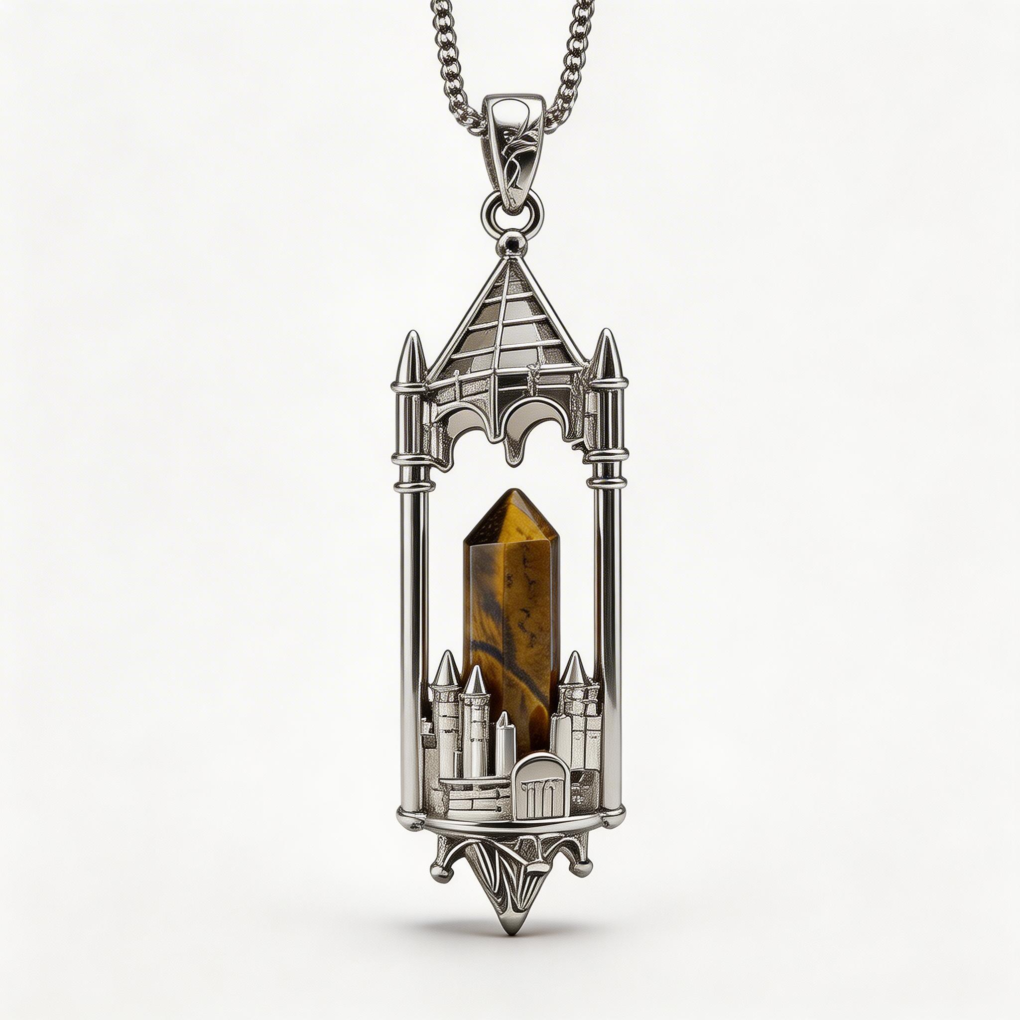 RYS Fantasy Castle Natural Crystal Point Pendant | Multi-Metal (Titanium/Silver/Gold) Options, Includes Chain