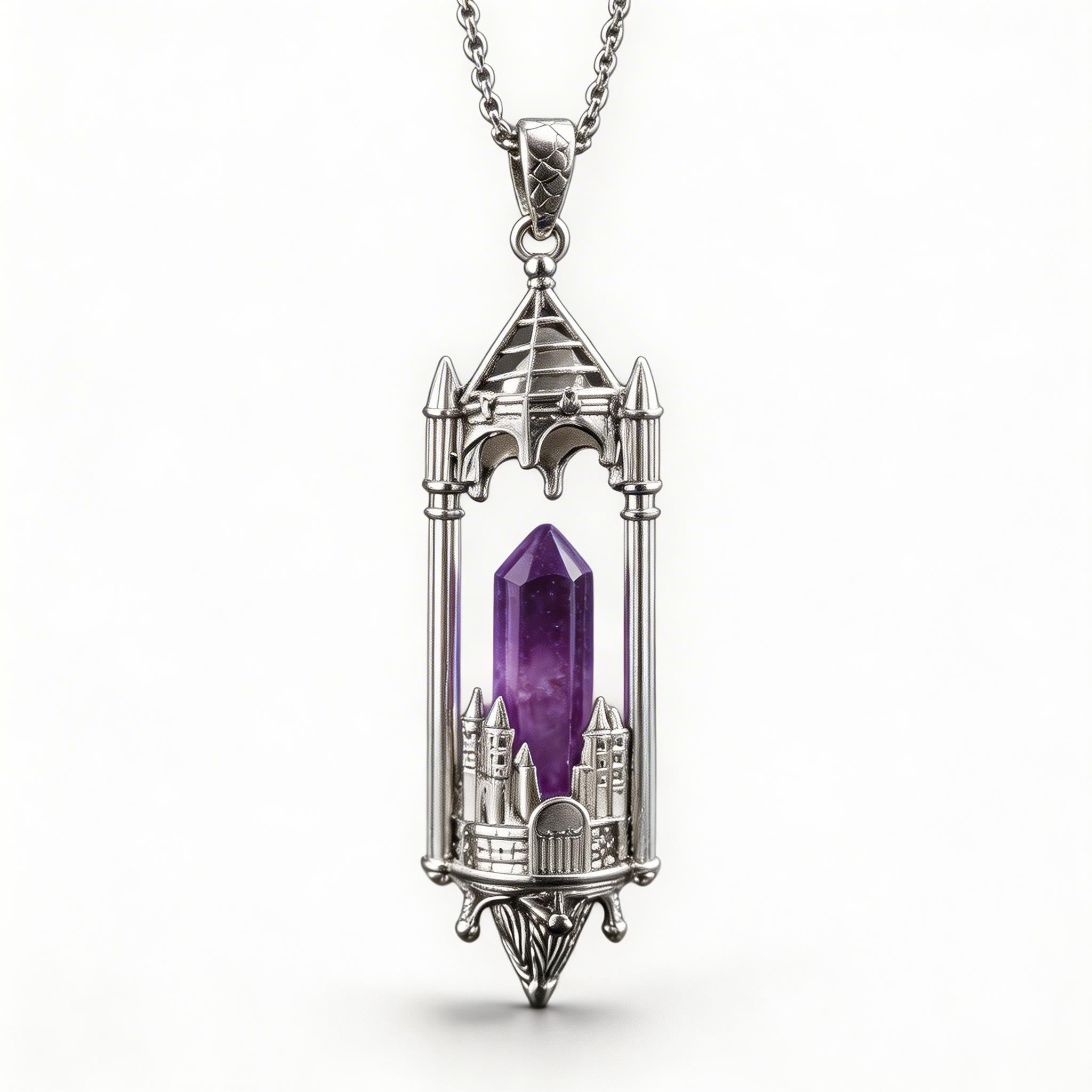 RYS Fantasy Castle Natural Crystal Point Pendant | Multi-Metal (Titanium/Silver/Gold) Options, Includes Chain