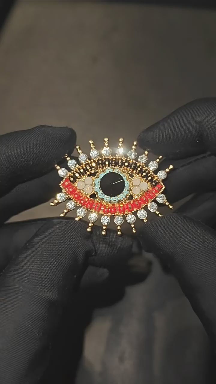 QZY Vintage Evil Eye Rhinestone Brooch Copper Electroplated Women Commute Pin
