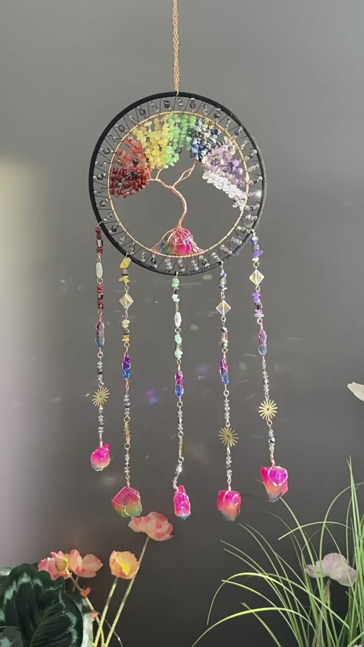 MGY Tree of Life Dreamcatcher Wind Chime, Natural Crystal Stone Boho Wall Hanging Decor