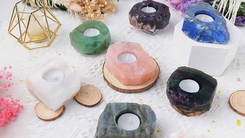 RYS Natural Raw Crystal Tealight Candle Holder, Amethyst Rose Quartz Citrine Fluorite Stone Incense Holder Base, Runyangshi Minimalist Crystal Decor Gift