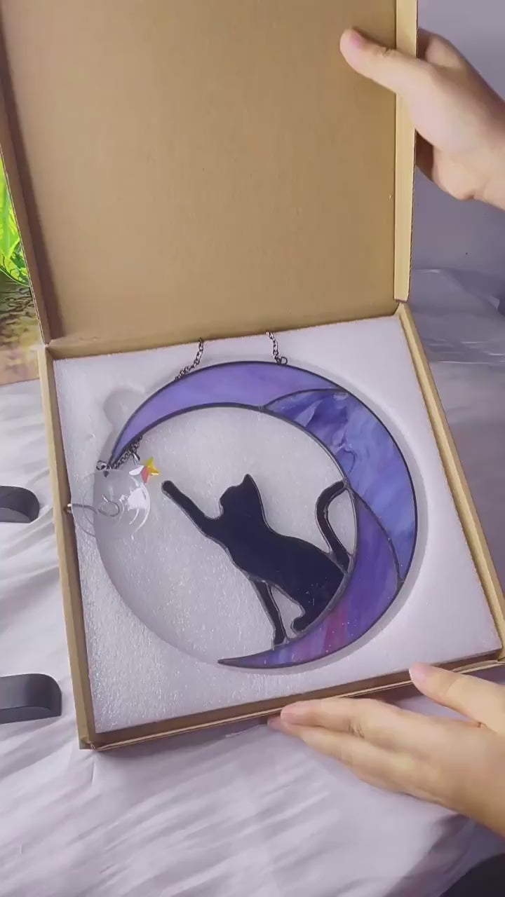 YAP Cat Moon Stained‑Glass Suncatcher Hanging Ornament, Window Wall Home Decor Gift