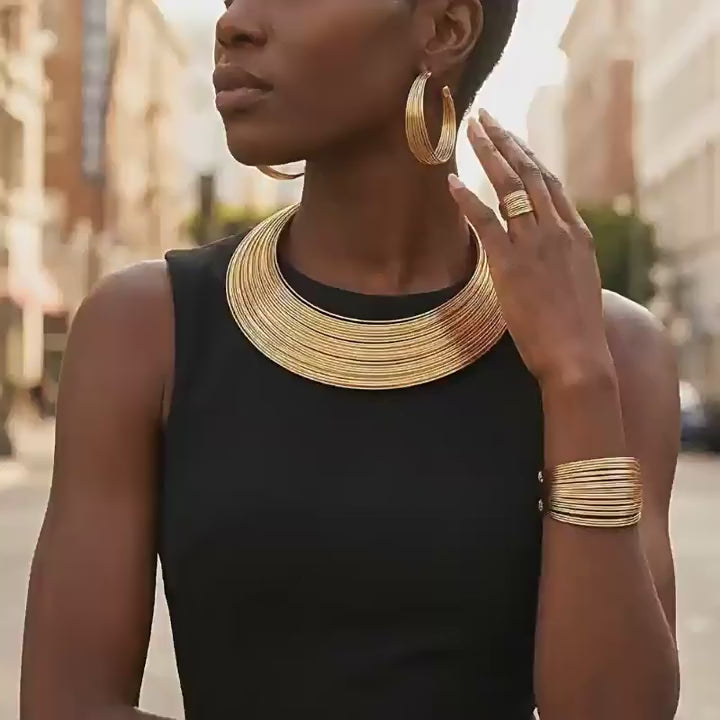 PNY Multi Layer Geometric Metal Jewelry Set Open Torque Choker Necklace Bracelet Hoop Earrings Statement Party Jewelry