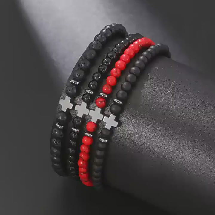 PNY Men Cross Beaded Bracelet Natural Volcanic Stone Black Obsidian Elastic Bracelet Unisex Religious Jewelry Gift