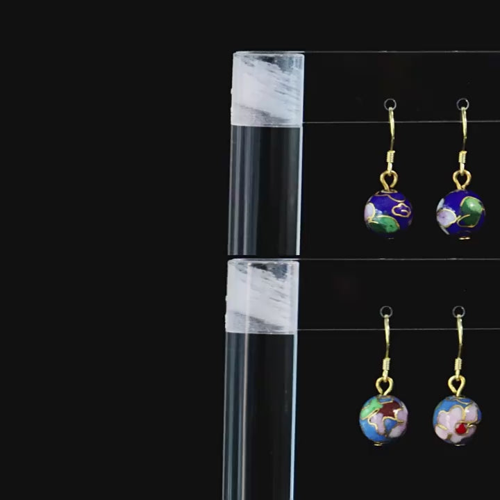 JCJ Handmade Cloisonne Enamel 10mm Round Bead Drop Earrings Traditional Chinese Jewelry