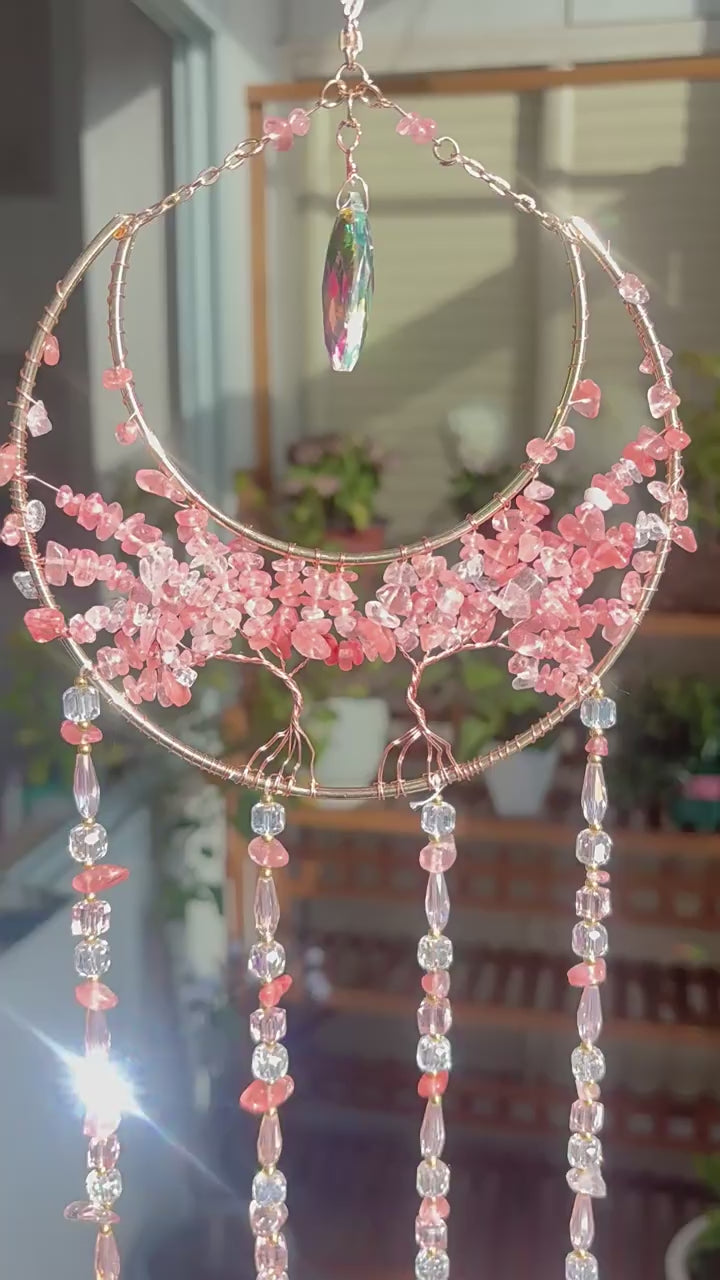 MGY Moon Tree of Life Suncatcher Wind Chime, Pink Natural Crystal Stone Wall Hanging Ornament for Home Bedroom Decor